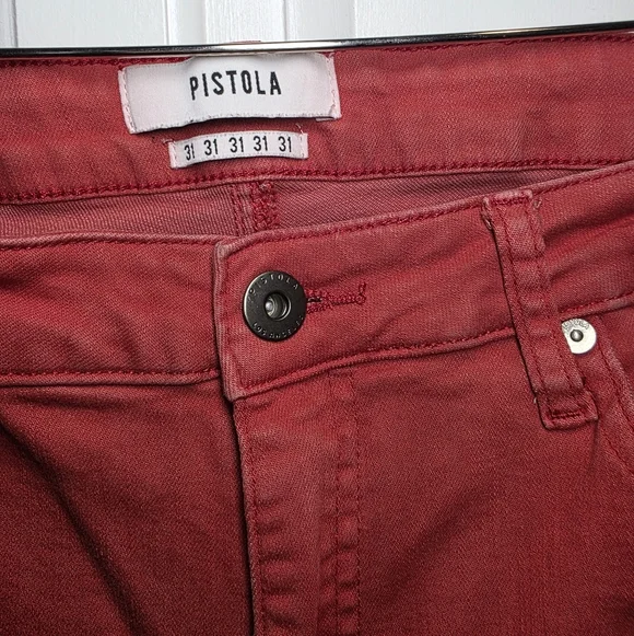 PISTOLA Red High Rise Crop Skinny Jeans Raw Hem Stretch Denim 31 Statement - Picture 3 of 10